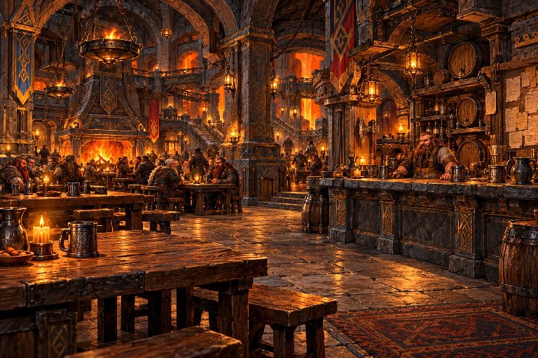 Uma taverna ana iluminada por lareiras